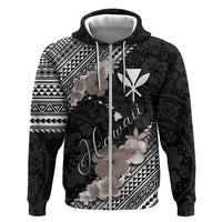 Aloha Hawaii Hibiscus and Plumeria Flowers Zip Hoodie Kanaka Maoli Tattoo Polynesian Pattern Gray Color