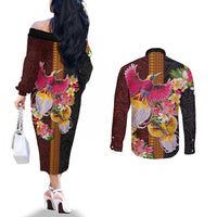 Papua New Guinea Birds and Frangipani Couples Matching Off The Shoulder Long Sleeve Dress and Long Sleeve Button Shirt Melanesian Art Tattoos - Polynesian Pride