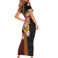 Papua New Guinea Birds and Frangipani Family Matching Short Sleeve Bodycon Dress and Hawaiian Shirt Melanesian Art Tattoos - Polynesian Pride