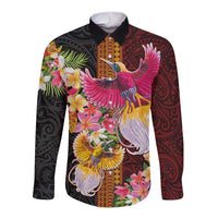 Papua New Guinea Birds and Frangipani Long Sleeve Button Shirt Melanesian Art Tattoos LT03 Unisex Black - Polynesian Pride