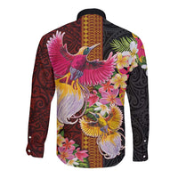 Papua New Guinea Birds and Frangipani Long Sleeve Button Shirt Melanesian Art Tattoos LT03 - Polynesian Pride