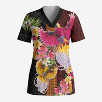 Papua New Guinea Birds and Frangipani Scrub Top Melanesian Art Tattoos LT03 Adult Black - Polynesian Pride