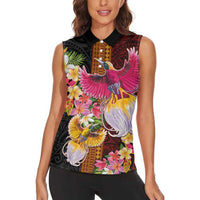 Papua New Guinea Birds and Frangipani Women Sleeveless Polo Shirt Melanesian Art Tattoos - Polynesian Pride
