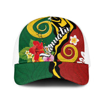 Melanesian Vanuatu Tribal Boar Tusk Baseball Net Cap Tropical Plants and Namele Motifs LT03 One Size White Green - Polynesian Pride