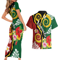 Melanesian Vanuatu Tribal Boar Tusk Couples Matching Short Sleeve Bodycon Dress and Hawaiian Shirt Tropical Plants and Namele Motifs - Polynesian Pride
