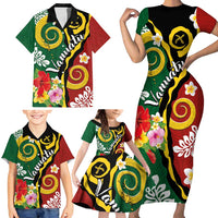 Melanesian Vanuatu Tribal Boar Tusk Family Matching Short Sleeve Bodycon Dress and Hawaiian Shirt Tropical Plants and Namele Motifs - Polynesian Pride