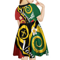 Melanesian Vanuatu Tribal Boar Tusk Kid Short Sleeve Dress Tropical Plants and Namele Motifs - Polynesian Pride