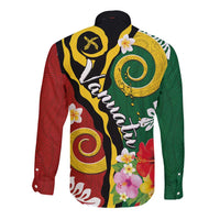 Melanesian Vanuatu Tribal Boar Tusk Long Sleeve Button Shirt Tropical Plants and Namele Motifs LT03 - Polynesian Pride
