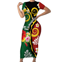 Melanesian Vanuatu Tribal Boar Tusk Short Sleeve Bodycon Dress Tropical Plants and Namele Motifs - Polynesian Pride