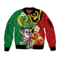Vanuatu Christmas Sleeve Zip Bomber Jacket Funny Santa with Namele and Boar Tusk Tribal - Polynesian Pride