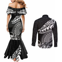 New Zealand Rugby Couples Matching Mermaid Dress and Long Sleeve Button Shirts Maori Warrior Rugby Silver Fern Tribal Pattern LT03 - Polynesian Pride