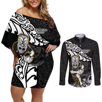 New Zealand Rugby Couples Matching Off Shoulder Short Dress and Long Sleeve Button Shirts Maori Warrior Rugby Silver Fern Tribal Pattern LT03 Black - Polynesian Pride