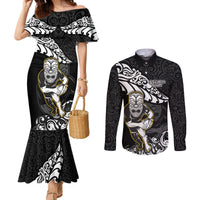 Custom New Zealand Rugby Couples Matching Mermaid Dress and Long Sleeve Button Shirts Maori Warrior Rugby Silver Fern Tribal Pattern LT03 Black - Polynesian Pride