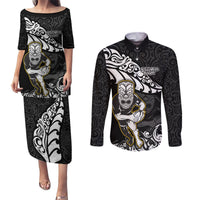 Custom New Zealand Rugby Couples Matching Puletasi Dress and Long Sleeve Button Shirts Maori Warrior Rugby Silver Fern Tribal Pattern LT03 Black - Polynesian Pride