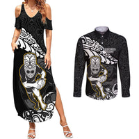 Custom New Zealand Rugby Couples Matching Summer Maxi Dress and Long Sleeve Button Shirts Maori Warrior Rugby Silver Fern Tribal Pattern LT03 Black - Polynesian Pride
