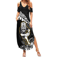 Custom New Zealand Rugby Summer Maxi Dress Maori Warrior Rugby Silver Fern Tribal Pattern LT03 Women Black - Polynesian Pride