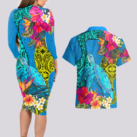 Polynesian Couples Matching Long Sleeve Bodycon Dress and Hawaiian Shirt The Turtle Jung Flower with Maori Pattern Ethnic Style LT03 - Polynesian Pride