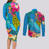 Polynesian Couples Matching Long Sleeve Bodycon Dress and Long Sleeve Button Shirts The Turtle Jung Flower with Maori Pattern Ethnic Style LT03 - Polynesian Pride