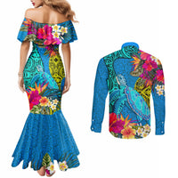Polynesian Couples Matching Mermaid Dress and Long Sleeve Button Shirts The Turtle Jung Flower with Maori Pattern Ethnic Style LT03 - Polynesian Pride