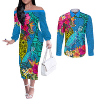 Polynesian Couples Matching Off The Shoulder Long Sleeve Dress and Long Sleeve Button Shirts The Turtle Jung Flower with Maori Pattern Ethnic Style LT03 Blue - Polynesian Pride