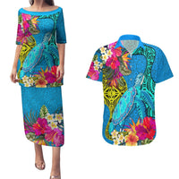 Polynesian Couples Matching Puletasi Dress and Hawaiian Shirt The Turtle Jung Flower with Maori Pattern Ethnic Style LT03 Blue - Polynesian Pride