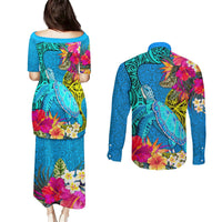 Polynesian Couples Matching Puletasi Dress and Long Sleeve Button Shirts The Turtle Jung Flower with Maori Pattern Ethnic Style LT03 - Polynesian Pride