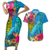 Polynesian Couples Matching Short Sleeve Bodycon Dress and Hawaiian Shirt The Turtle Jung Flower with Maori Pattern Ethnic Style LT03 Blue - Polynesian Pride