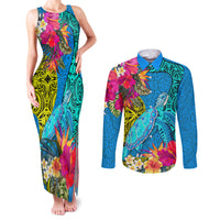 Polynesian Couples Matching Tank Maxi Dress and Long Sleeve Button Shirts The Turtle Jung Flower with Maori Pattern Ethnic Style LT03 Blue - Polynesian Pride