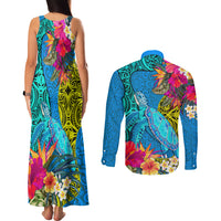 Polynesian Couples Matching Tank Maxi Dress and Long Sleeve Button Shirts The Turtle Jung Flower with Maori Pattern Ethnic Style LT03 - Polynesian Pride
