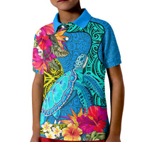 Polynesian Kid Polo Shirt The Turtle Jung Flower with Maori Pattern Ethnic Style LT03 Kid Blue - Polynesian Pride