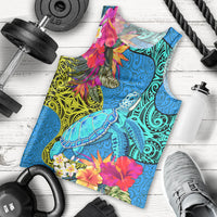 Polynesian Men Tank Top The Turtle Jung Flower with Maori Pattern Ethnic Style LT03 Blue - Polynesian Pride