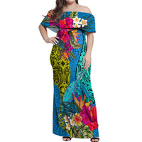 Polynesian Off Shoulder Maxi Dress The Turtle Jung Flower with Maori Pattern Ethnic Style LT03 Women Blue - Polynesian Pride
