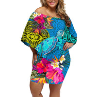 Polynesian Off Shoulder Short Dress The Turtle Jung Flower with Maori Pattern Ethnic Style LT03 Women Blue - Polynesian Pride