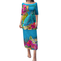 Polynesian Puletasi The Turtle Jung Flower with Maori Pattern Ethnic Style LT03 Long Dress Blue - Polynesian Pride