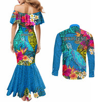 Custom Polynesian Couples Matching Mermaid Dress and Long Sleeve Button Shirts The Turtle Jung Flower with Maori Pattern Ethnic Style LT03 - Polynesian Pride