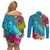 Custom Polynesian Couples Matching Off Shoulder Short Dress and Long Sleeve Button Shirts The Turtle Jung Flower with Maori Pattern Ethnic Style LT03 - Polynesian Pride