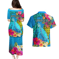 Custom Polynesian Couples Matching Puletasi Dress and Hawaiian Shirt The Turtle Jung Flower with Maori Pattern Ethnic Style LT03 - Polynesian Pride