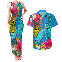 Custom Polynesian Couples Matching Tank Maxi Dress and Hawaiian Shirt The Turtle Jung Flower with Maori Pattern Ethnic Style LT03 Blue - Polynesian Pride