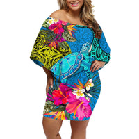 Custom Polynesian Off Shoulder Short Dress The Turtle Jung Flower with Maori Pattern Ethnic Style LT03 Women Blue - Polynesian Pride