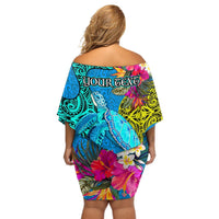 Custom Polynesian Off Shoulder Short Dress The Turtle Jung Flower with Maori Pattern Ethnic Style LT03 - Polynesian Pride