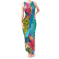 Custom Polynesian Tank Maxi Dress The Turtle Jung Flower with Maori Pattern Ethnic Style LT03 Women Blue - Polynesian Pride