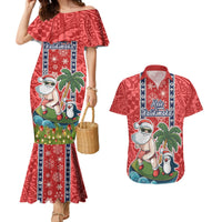 Hawaii Christmas Couples Matching Mermaid Dress and Hawaiian Shirt The Santa Surfing Hawaii Xmas Style LT03 Red - Polynesian Pride