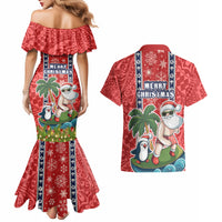 Hawaii Christmas Couples Matching Mermaid Dress and Hawaiian Shirt The Santa Surfing Hawaii Xmas Style LT03 - Polynesian Pride
