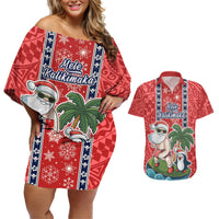 Hawaii Christmas Couples Matching Off Shoulder Short Dress and Hawaiian Shirt The Santa Surfing Hawaii Xmas Style LT03 Red - Polynesian Pride