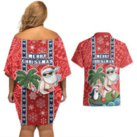 Hawaii Christmas Couples Matching Off Shoulder Short Dress and Hawaiian Shirt The Santa Surfing Hawaii Xmas Style LT03 - Polynesian Pride