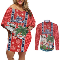 Hawaii Christmas Couples Matching Off Shoulder Short Dress and Long Sleeve Button Shirts The Santa Surfing Hawaii Xmas Style LT03 Red - Polynesian Pride