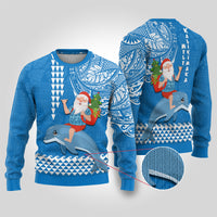 Hawaii Mele Kalikimaka Ugly Christmas Sweater Santa Riding The DolPhin Mix Kakau Pattern Blue Style LT03 Blue - Polynesian Pride