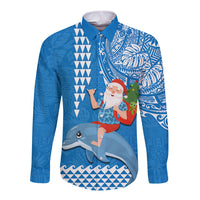 Hawaii Mele Kalikimaka Long Sleeve Button Shirt Santa Riding The DolPhin Mix Kakau Pattern Blue Style LT03 Unisex Blue - Polynesian Pride
