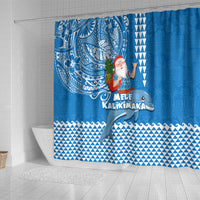 Hawaii Mele Kalikimaka Shower Curtain Santa Riding The DolPhin Mix Kakau Pattern Blue Style LT03 - Polynesian Pride
