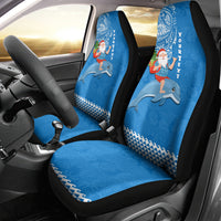 Custom Hawaii Mele Kalikimaka Car Seat Cover Santa Riding The DolPhin Mix Kakau Pattern Blue Style LT03 - Polynesian Pride
